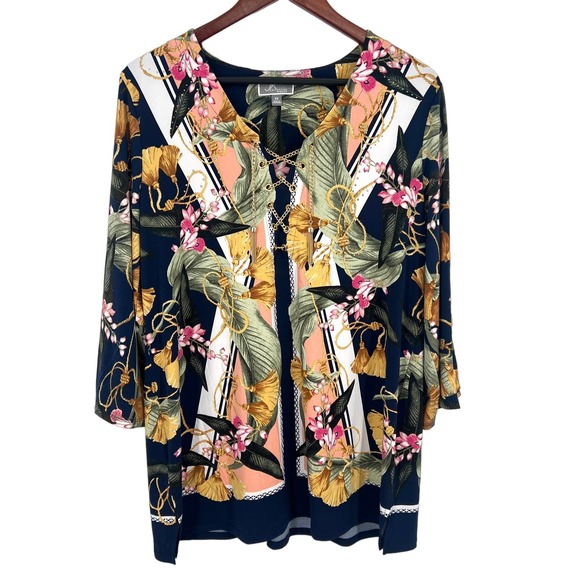 JM Collection Woman Plus Size 0X Gold Metallic Pink Floral Blouse Shirt Top - Picture 1 of 10